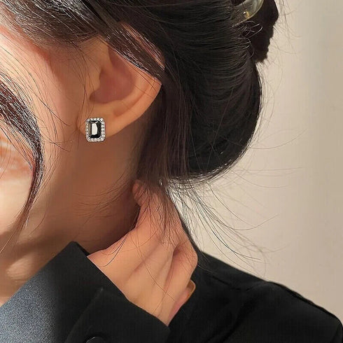 Baguette Cut 14K White Gold Plated Black Cubic Zirconia Men Women Stud Earrings